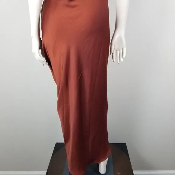 House Of Harlow 1960 Revolve Brown Satin Long Ruche Detail Side Slit Dress Sz XL - Picture 5 of 13